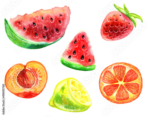 set of watercolor illustrations juicy fruits, clipart