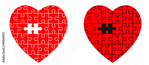 puzzle with a missing piece. Love, heart jigsaw puzzle pieces line pattern. Puzzle pieces icon or pictogram. Cartoon vector. Fot 14 february, valentine, valentines day.