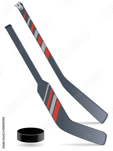 para sports paralympic sledge hockey for physical disabled, hockey and goaltender sticks with puck isolated on a white background
