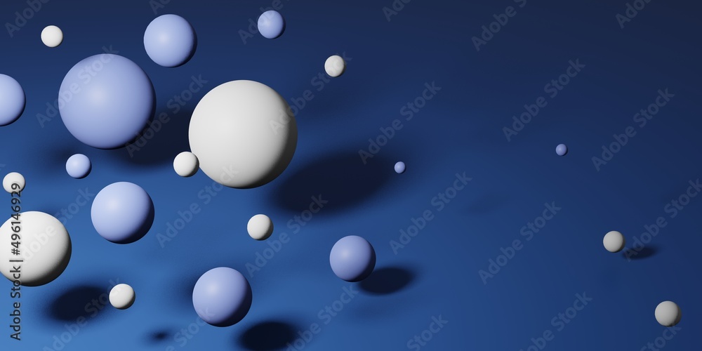 Abstract background with falling 3d balls. Dynamic flying bubbles. Modern trendy background, banner, poster, header template for website. Realistic mockup 3D rendering illustration.