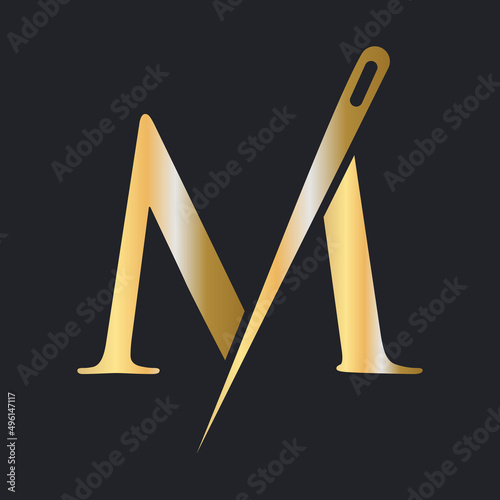 Initial Letter M Tailor Logo, Needle and Thread Combination for Embroider, Textile, Fashion, Cloth, Fabric, Golden Color Template