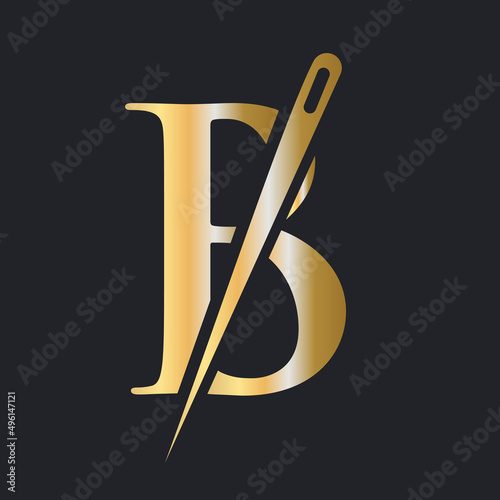 Initial Letter B Tailor Logo, Needle and Thread Combination for Embroider, Textile, Fashion, Cloth, Fabric, Golden Color Template