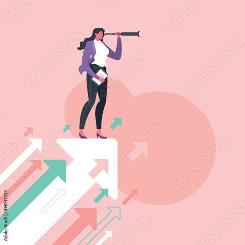 Searching for opportunities, business opportunity or vision concept. Businesswoman is looking through monocular telescope and standing on flying arrows in pink background.