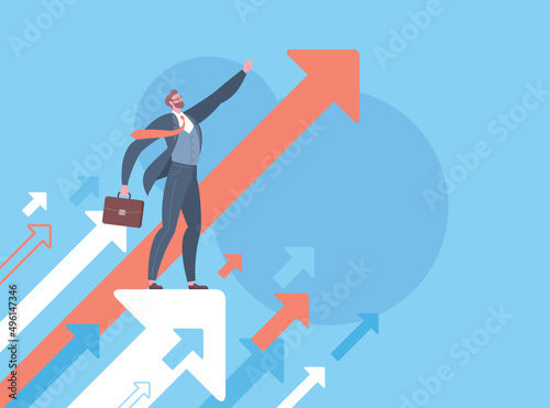 Leadership, leading to success or business vision concept. Businessman is pointing direction forward and standing on flying arrows in blue background.