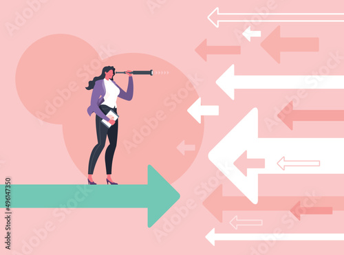 Searching for business opportunities, divergence strategy, think different or vision concept. Businesswoman is looking through monocular telescope and standing on flying arrow in pink background.