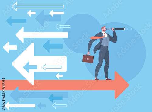 Searching for business opportunities, divergence strategy, think different or vision concept. Businessman is looking through monocular telescope and standing on flying arrow in blue background.