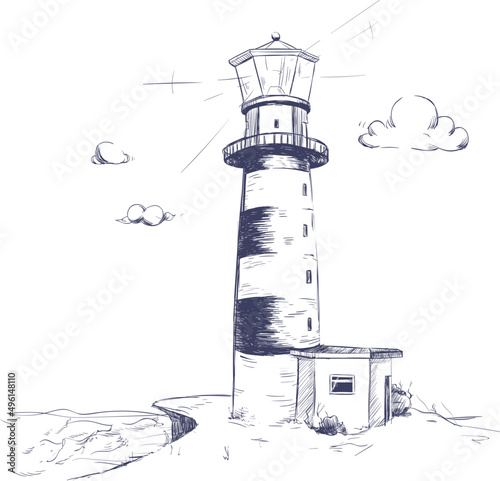 Seaside Landscape with Lighthouse Hand Drawn Illustration
