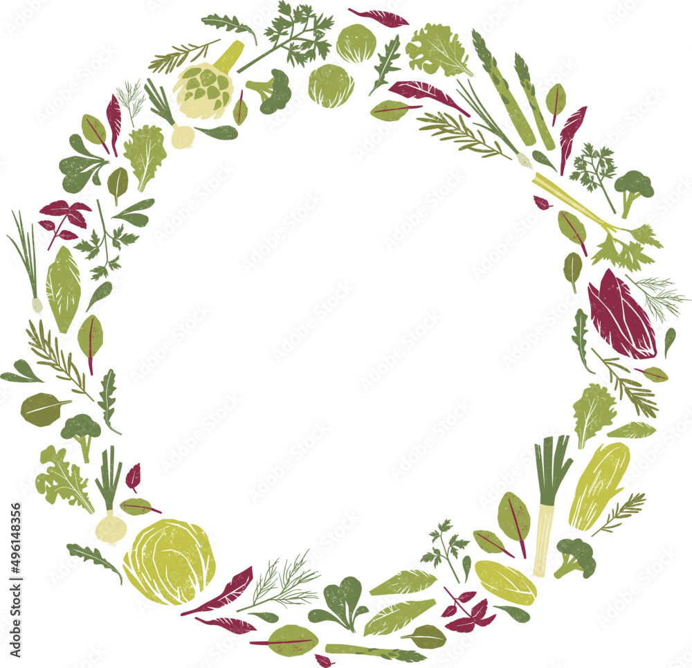 Vegetable and Salad Leaves Round Background Wreath or Frame Vegetable and Salad Leaves Round Background Wreath or Frame