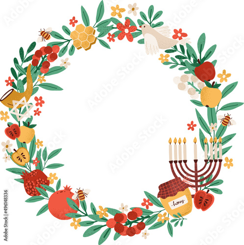 Jewish New Year Rosh Hashanah Background Wreath or Frame
