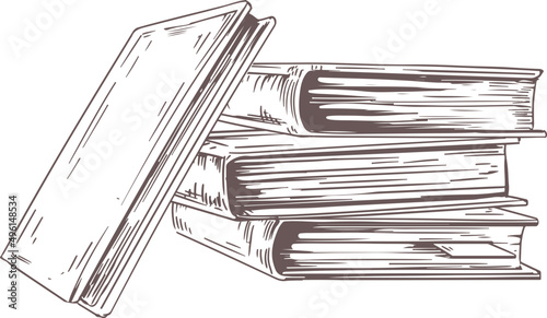 Closed Books Pile Monochrome Hand Drawn Illustration