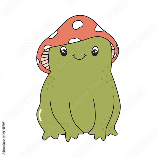 Cartoon vector frog character wearing mushroom hat. Cute toad in retro style. Vintage groovy sticker. Colorful funny animal
