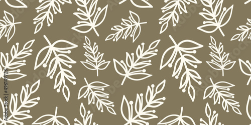 Seamless Nature Pattern with Branches and Leaves. Botanical Background, Sketch, Graphic Print.