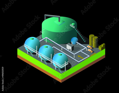 isometric view of a building, oil refinery, chemical plant, gas tanks with pipes, vector illustration