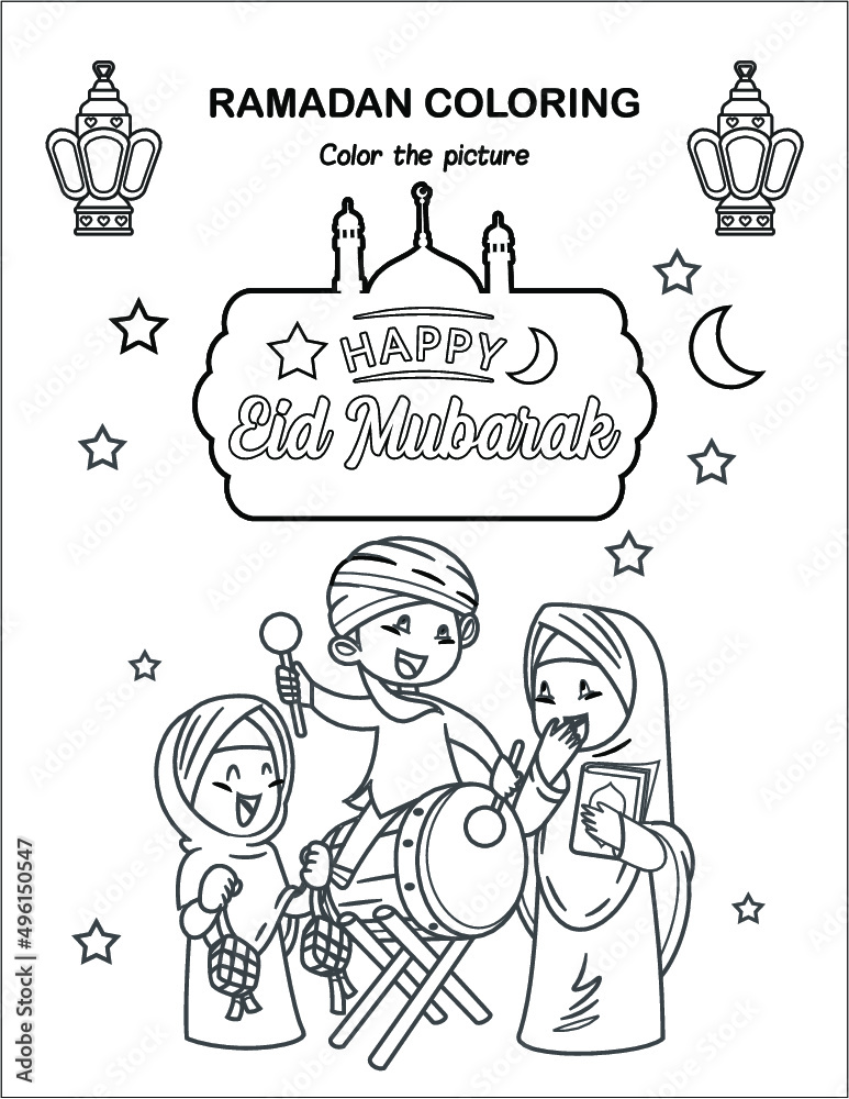 Happy EId Mubarak elements Ramadan Children Coloring book pages , Islamic  month ramadan worksheet ,Sketch outline black and white pages . Kids  education. Vector illustration Stock Vector | Adobe Stock