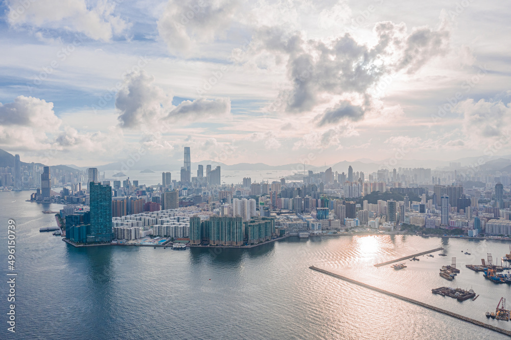 Panorama view of Victoria Harbour in evening