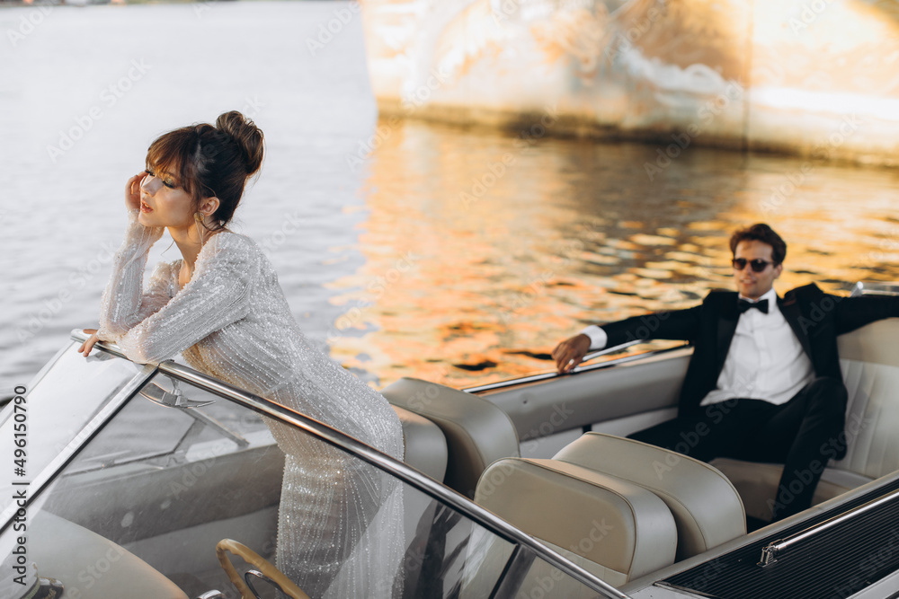 beautiful gentle happy couple posing on a yacht the background the sea