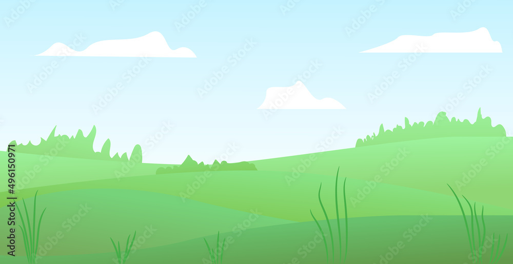 Obraz premium Vector illustration of beautiful summer fields landscape. Cute green hills, bright color blue sky, clouds. Nature background in flat cartoon style.