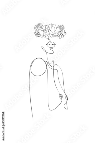 Abstract face with flowers by one line vector drawing. Portrait minimalistic style. Botanical print. One Line Body Art, Breast Line Drawing, Naked Woman Print, Modern continuous line art. 