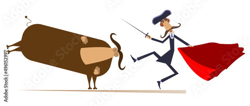 Cartoon bullfighter and a bull isolated illustration. Cartoon long mustache bullfighter holds a sword, matador cape and angry bull isolated on white illustration