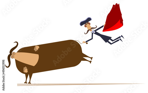 Cartoon bullfighter and a bull isolated illustration. Cartoon long mustache bullfighter catches a running bull by tail isolated on white