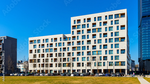 Modern residential buildings at Kolejowa street in booming Wola business district of Warsaw city center in Poland