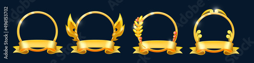 Gold winner frame kit, vector UI game award wreath icon set, victory circle emblem, achievement ribbon. Metal round reward collection, level up user avatar border. Rank winner frame on black
