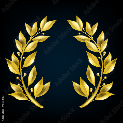 Golden laurel leaf wreath, winner vector branch frame, Greek antique award trophy symbol on black. Victory olive plant, champion congratulation vintage sign, metal foliage. Golden laurel illustration