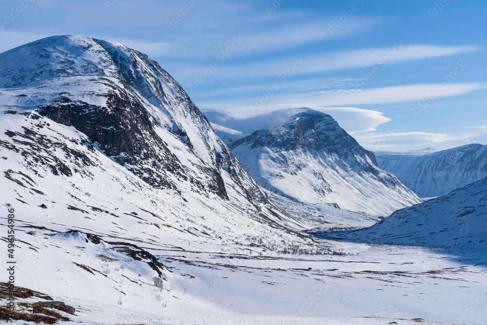 High winds over the beautiful snow covered Visttas valley in Sweisch Lapland.