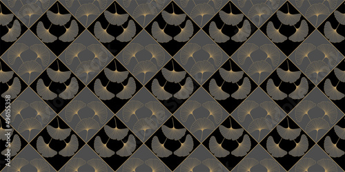 Seamless texture, gold leaves of Ginkgo Biloba, drawn by hand. Vector illustration.
