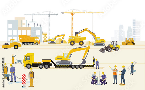 Baustelle mit Bagger, Bau -Maschienen und Schweren Lastwagen, Illustration
