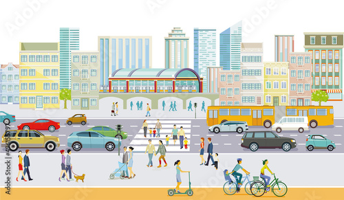 Stadtsilhouette mit Fußgänger auf dem Zebrastreifen und öffentlicher verkehr und Radfahrer, Illustration
