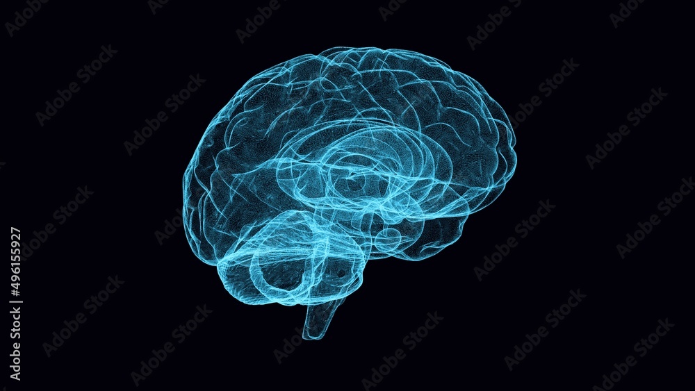 Side Digital image of the brain on the black background. Artificial Intelligence, AI Technology. Business analysis, innovation, technology in science and medicine. Mental health protection and care Side Digital image of the brain on the black background. Artificial Intelligence, AI Technology. Business analysis, innovation, technology in science and medicine. Mental health protection and care