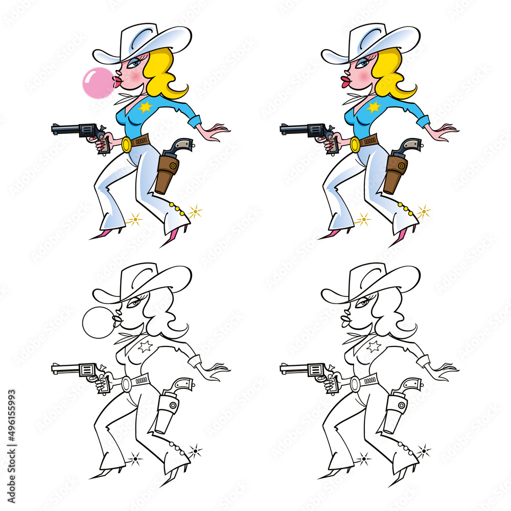 Beautiful blonde sheriff, young cowboy lady with revolver gun.