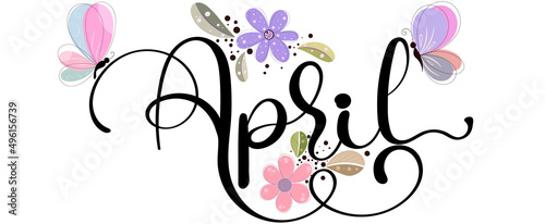 Hello APRIL. Decoration April month vector with flowers and butterflies. Illustration April