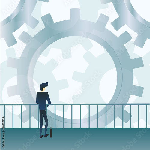 A person manages a business, leads a team, looks at the gears. Trend illustration of a top manager and with gears