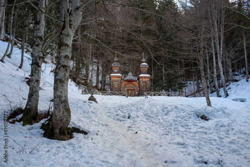 Wooden Russian chapel on Vrsic mountain pass in Slovenia near Kranjska gora photo