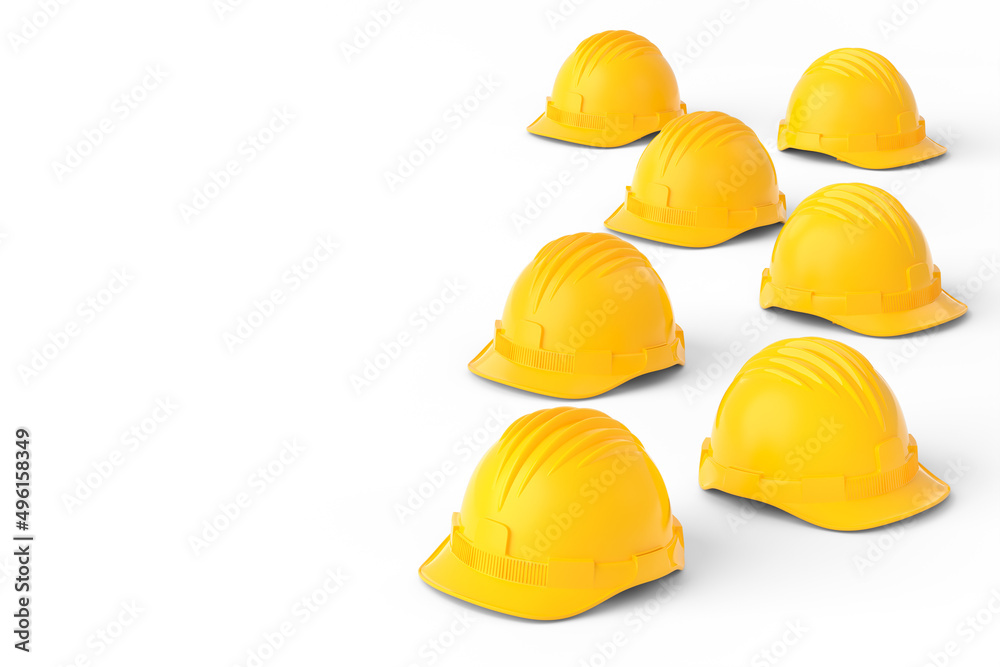 Set of yellow safety helmets or hard caps isolated on white background