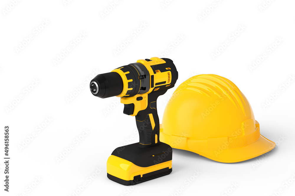 Set of cordless drill or screwdrivers with hard head helmet on white background Set of cordless drill or screwdrivers with hard head helmet on white background