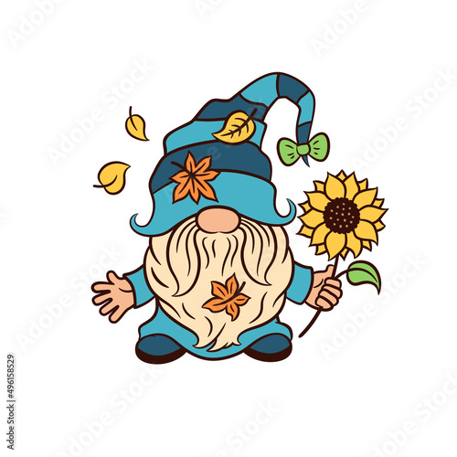 Whimsical gnome with sunflower. Thanksgiving greeting graphic design. Adorable gnome funny hat vector illustration. Scandinavian elf tomte vector illustration. Autumn garden gnome clipart. Funny hat.