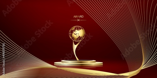 3D winner podium, red carpet party gold stars award concept.