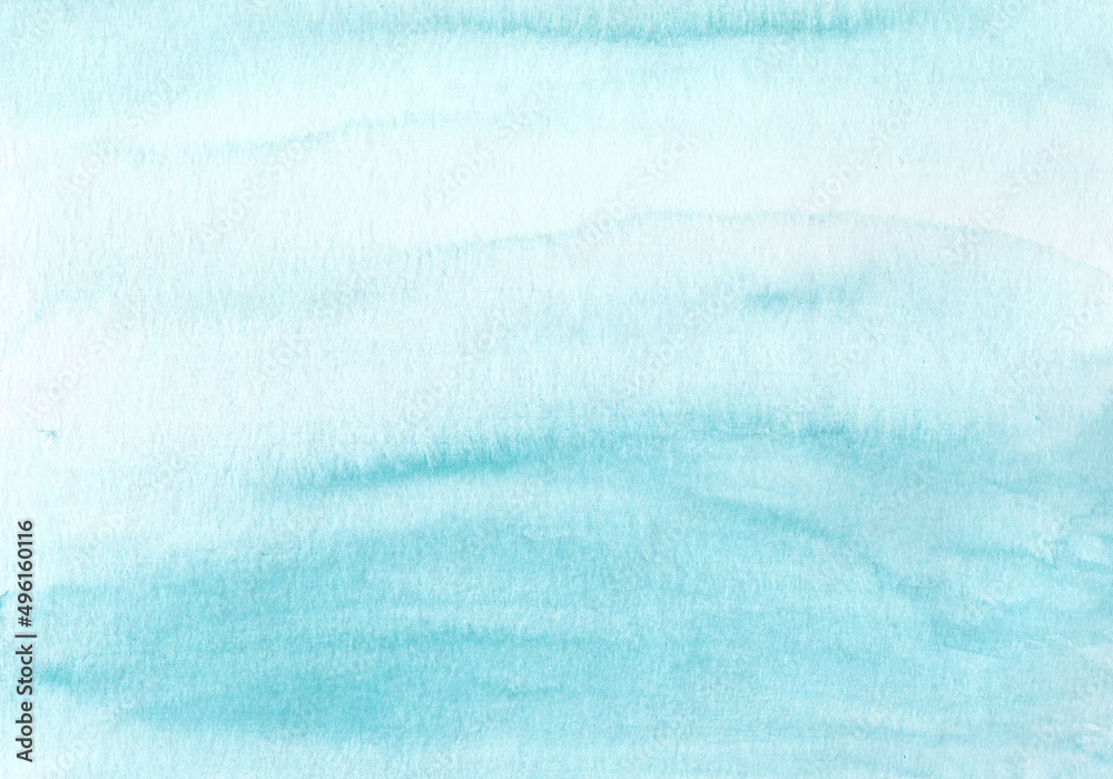 Watercolor background in blue. 
Gradient illustration. Drawing of the sea, water, sky. Template for design, decor, printing on paper, booklet, packaging, postcards. Paint texture, creative work.