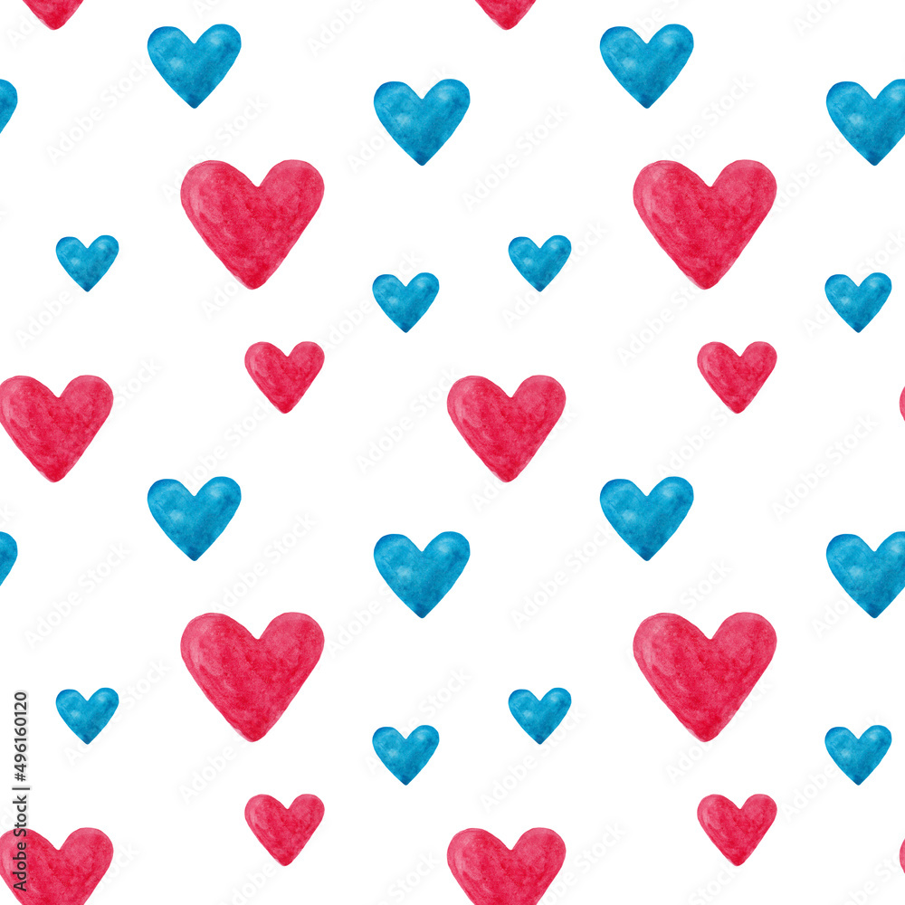 Watercolor seamless pattern with hearts isolated on white. Elements in the shape of a heart in red, pink and blue. For decor, design, printing on paper, scrapbook, fabric. Love style. Valentine's Day. Watercolor seamless pattern with hearts isolated on white. Elements in the shape of a heart in red, pink and blue. For decor, design, printing on paper, scrapbook, fabric. Love style. Valentine's Day.