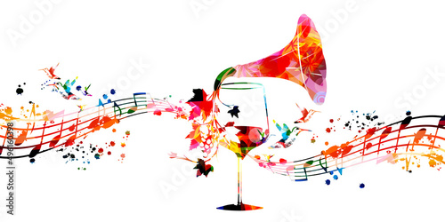 Colorful wine glass with vine and gramophone horn vector illustration. Party flyer, wine tasting event, wine festival, celebrations, restaurant poster for brochure, invitation card, menu, promotion	