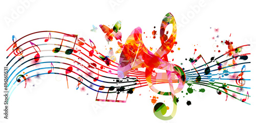 Colorful musical poster with musical notes, staff, gramophone horn and G-clef isolated vector illustration. Playful background for live concert events, music festivals and shows, party flyer	
