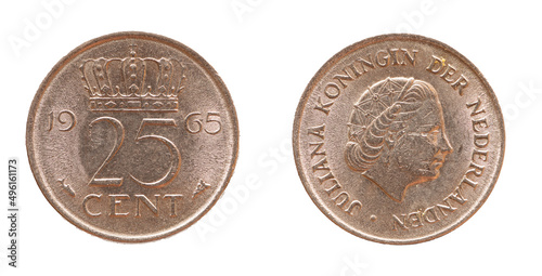 Wallpaper Mural Netherlands - circa 1965: a 25 cent coin of the Netherlands showing a crown and the portrait of Queen Juliana Torontodigital.ca