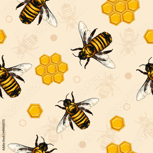 Seamless pattern with honey bees and hexagonal golden honeycombs © asgraphics13