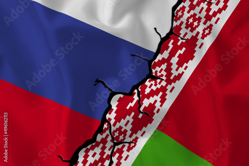 Isometric vector. Flags of the Russian Federation and Belarus on the background of the cracks. Crisis in relations between countries. War on the border. Political dialogue and meeting of presidents.
