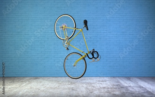 Vintage yellow sports bike stands on a background of blue brick wall, 3D rendering 