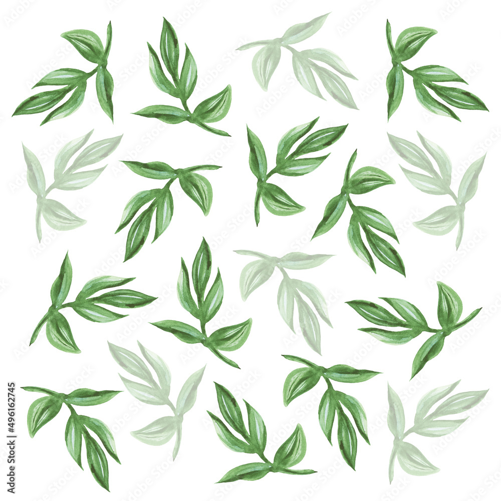 Background of branches with leaves. Watercolor style. Images for the design of postcards, posters and other printed products. Isolated image on a white background. Background of branches with leaves. Watercolor style. Images for the design of postcards, posters and other printed products. Isolated image on a white background.