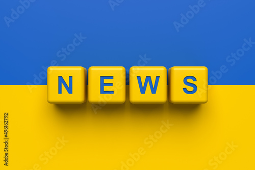Yellow blocks of news on the background of the flag of Ukraine. 3d rendering.